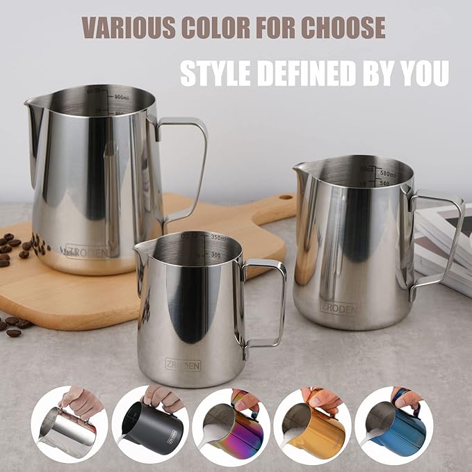 Milk Frothing Pitcher, 20oz Espresso Steaming Pitchers Stainless Steel Cappuccino Coffee Machine Accessories Barista Tools Steamer Froth Pitchers Milk Jug Cup with Decorating Pen Latte Art