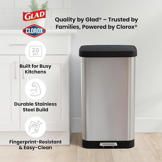 Glad Step Trash Can, Soft Close Lid Bin with Odor Protection, 20 Gal, Stainless