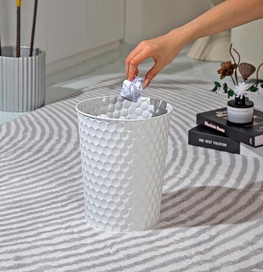 Venalys Small Metal Trash Can Wastebasket, Decorative Honeycomb Garbage Can Waste Basket, Modern Farmhouse Round Trash Bin for Bathroom, Bedroom, Kitchen and Office (White)