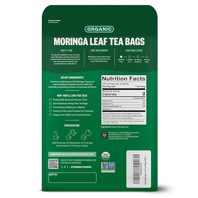 FGO Organic Moringa Tea, 100 Count, Eco-Conscious Tea Bags, Resealable Bag, Caffeine Free, Packaging May Vary (Pack of 1)