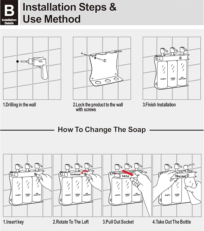 Black Shampoo, Conditioner, Shower Gel Dispenser 3 Room refillable Shampoo and Conditioner Pump Bottle Wall-Mounted Slot Shower soap Dispenser (KCHS-3)