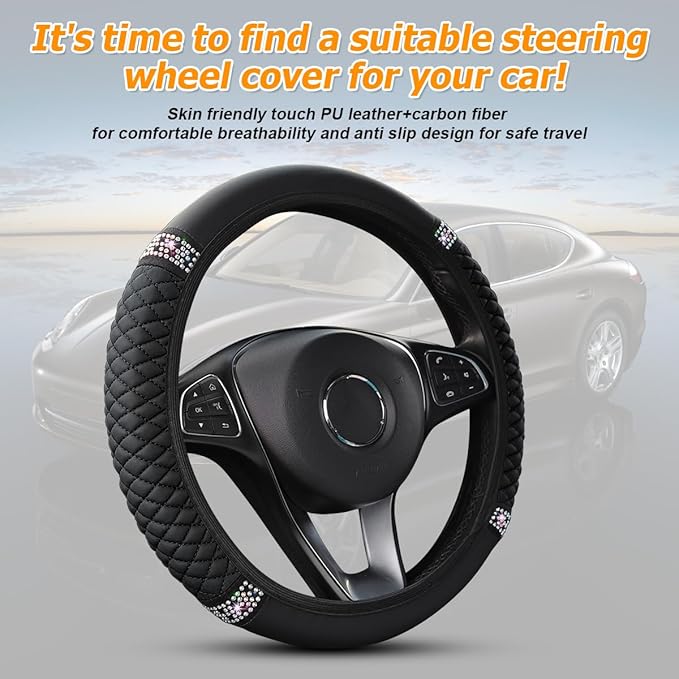 Bling Car Steering Wheel Cover, 15 Inch Crystal Rhinestone Elastic Stretch Leather Steering Wheel Protector, Vehicle Decor Accessories for Women Girls, Universal for RV, SUV, Truck (Black)