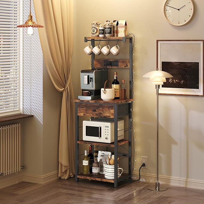 Bakers Rack with Drawer, Microwave Stand with Power Outlet, Coffee Bar Station with 4 Hooks, Kitchen Storage Shelf Rack 4 Tiers, for Kitchen, Dining Room, Rustic Brown and Black BRHR48E01