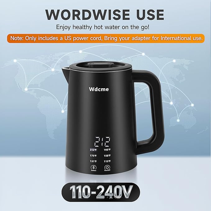 0.6L Small Travel Electric Kettle 800W,6 Temperature Control Dual Voltage 110-240V Smart Tea Coffee Kettle,12H Keep Warm,304 Stainless Steel Portable Hot Water Boiler (Black)