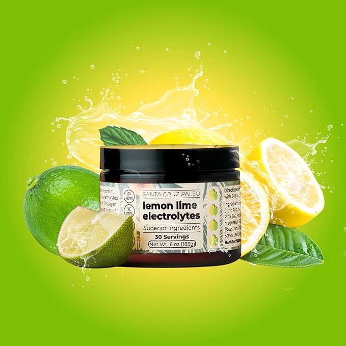 Santa Cruz Paleo Electrolyte Powder, Lemon Lime Flavor, Sugar Free Hydration Drink Mix with Himalayan Pink Salt, Sea Salt, Magnesium Glycinate, Potassium Chloride, Sweetened with Stevia, 30 Servings