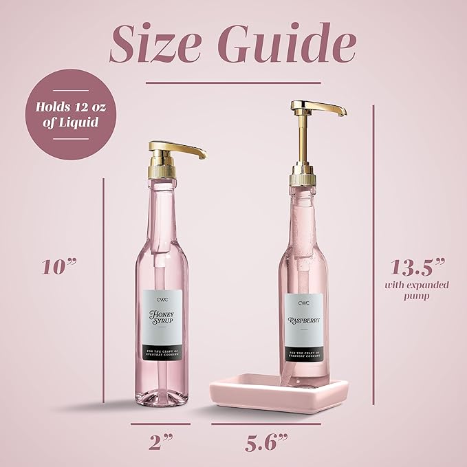 COOK WITH COLOR Glass Coffee Syrup Dispenser with Pump- Set of 2 Syrup Bottles for Coffee Bar, Decorative 350 ML Bottle with Ceramic Holder, Funnel, Labels and Extra Pumps, Pink