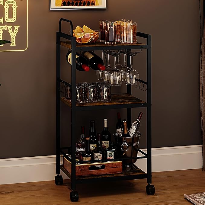 Bar Cart for The Home, 3 Tier Kitchen Carts with Wheels, Small Rolling Cart with Glass Holders, Wine Rack, Mini Bar Cart for Kitchen, Dining room, Living Room, 13.0"D x 17.0"W x 33.8"H, Rustic Brown