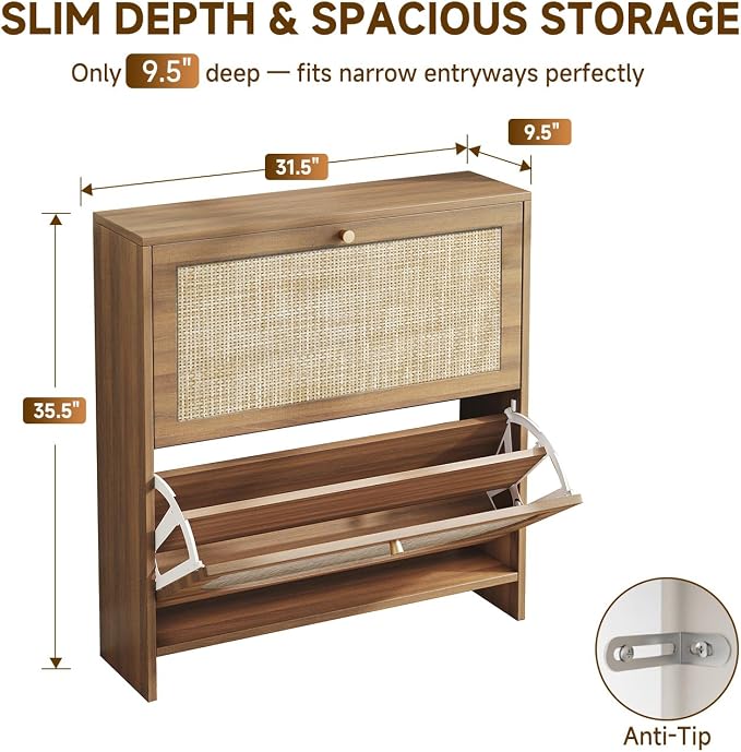 Nicetree Shoe Cabinet Storage for Entryway, 2-Flip Drawer Narrow Shoe Rack, Organic Modern Rattan Shoe Organizer with Gold Legs, Shoe Organizer Fits Men's Size 13.5, Toasted Caramel Walnut