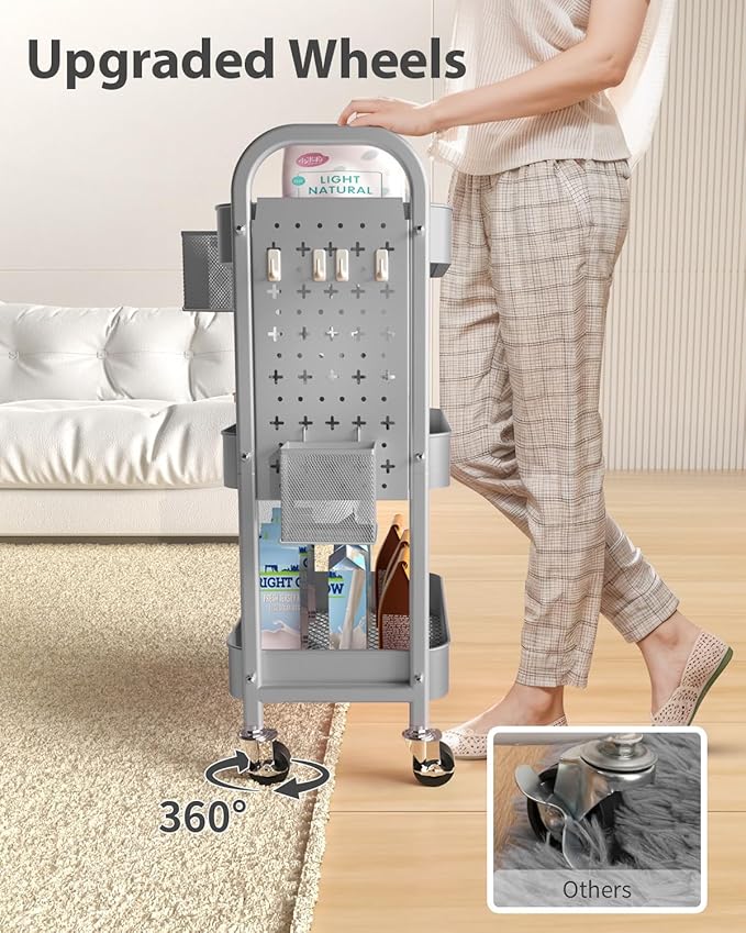ALVOROG 3 Tier Rolling Cart with DIY Pegboards Metal Utility Cart with Wheels Handles Baskets Hooks, Craft Cart for Office Kitchen Bathroom(Light Gray)