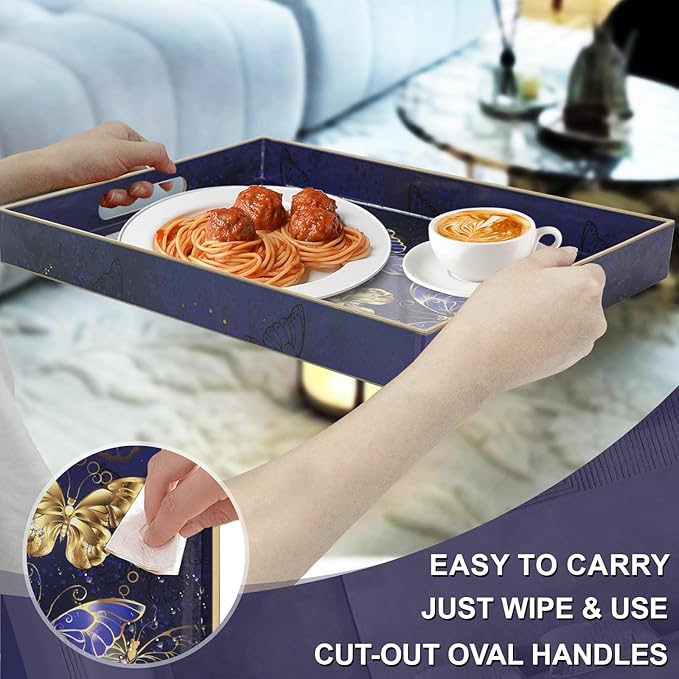 MAONAME Rectangular Decorative Tray, Butterfly Plastic Serving Tray with Handles, Modern Blue Trays for Ottoman, Coffee Table Trays for Living Room, Home Decor, 15.8" x 11.8" x 1.6"