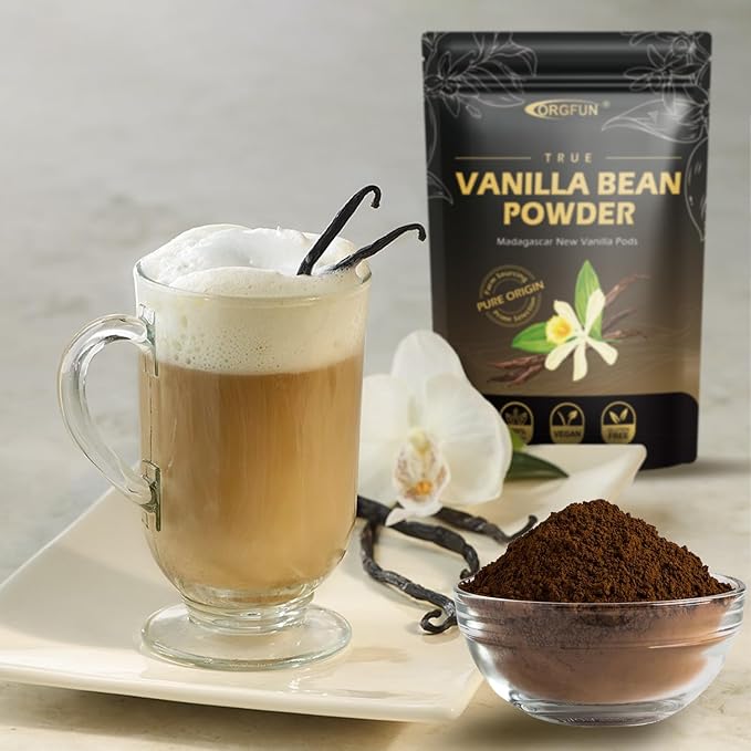 ORGFUN Vanilla Bean Powder 3.53 Oz, Native Ground Madagascar Vanilla Powder Pure Natural No Fillers or Additives Great for Baking, Desserts, Coffee Vegan Gluten Free 100G