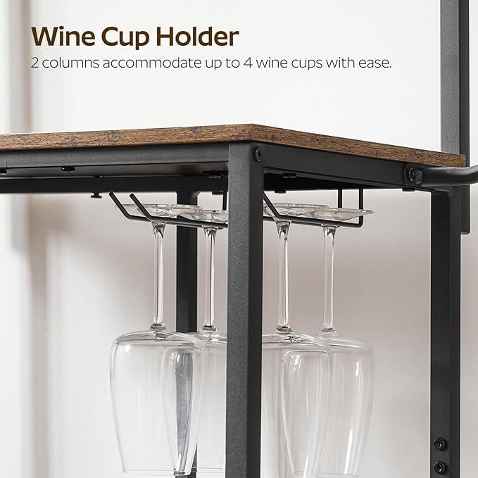 Bakers Rack with Power Outlet, Microwave Stand with Paper Holder, Coffee Bar Station with Wine Glass Holder, 4-Tier Kitchen Storage Rack for Dining Room, Living Room, Rustic Brown HB02UBR