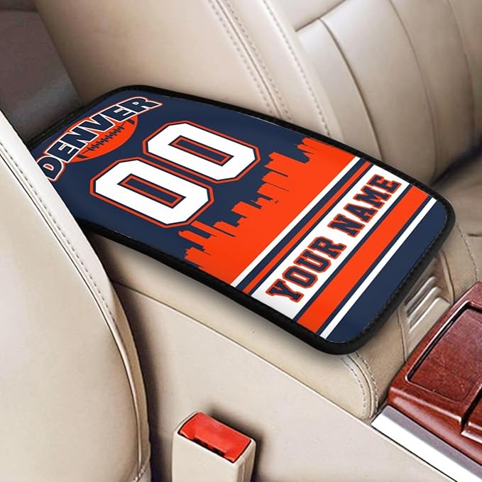 Custom Denver Car Armrest Covers Personalized Football Style with Name Number Customized Auto Center Console Pad Car Handrail Box Cushion for Most Vehicle Decor Accessories, Fans Gift