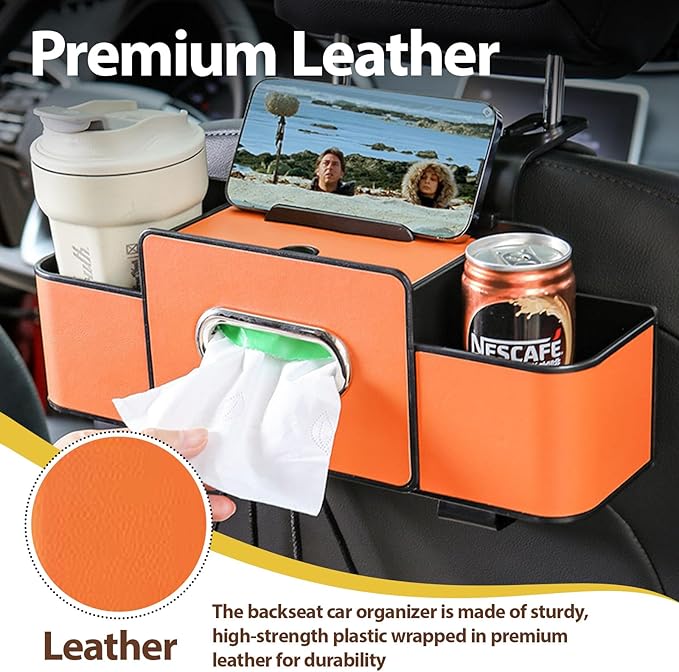 ZenChef Three-in-one Car Organizers and Storage, 2025 New Multi-function Car Tissue Holder, Multi-function Backseat Car Organizer with Cup Holder, Tissue Box, Hook (orange)