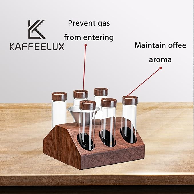 Wooden Coffee Bean Sampling Set with Test Tubes, Funnel - Coffee Bean Storage & Tasting Kit for Coffee Lovers, Cafes (F)