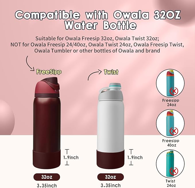 2PCS Silicone Water Bottle Boot, Compatible with Owala 24oz 32oz 40oz, Protective Anti-Scratch & Anti-Dent No Noise Sleeve Cover for FreeSip/Twist/Flip Water Bottles (Black Cherry, 32oz)