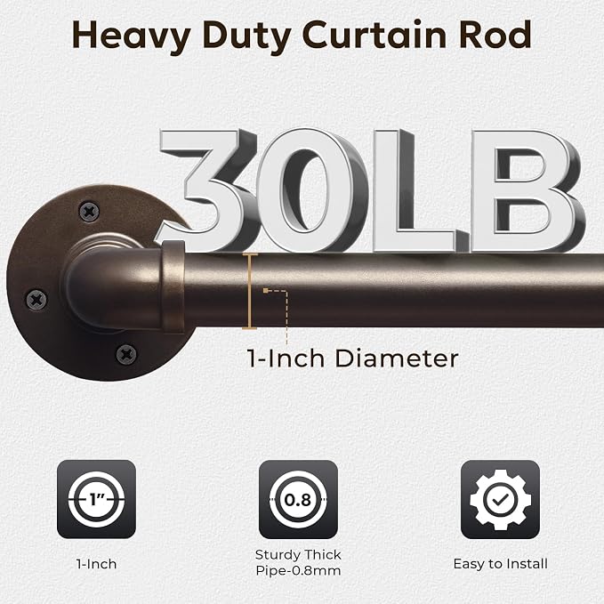 Zeerobee Curtain Rods for Windows 72 to 144, 1 Inch Industrial Wrap Around Antique Bronze Curtain Rod, Indoor/Outdoor Room Divider Adjustable Drapery Pole, 72"-144"