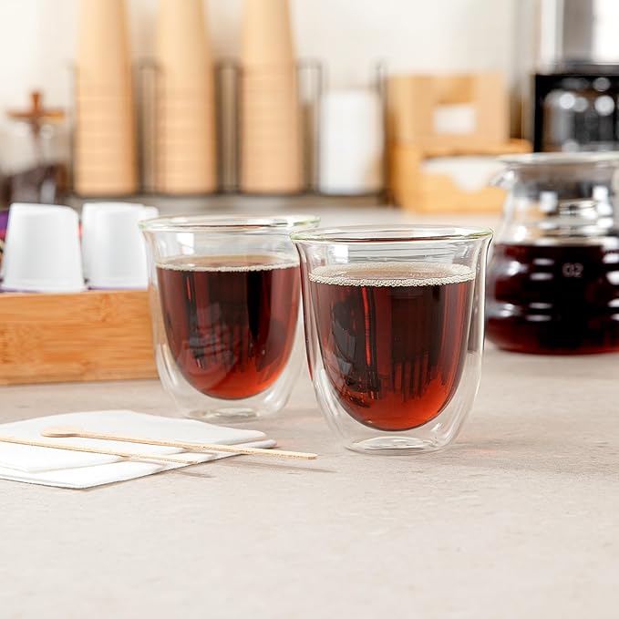 Restaurantware Coffee Cup 2 Pack of 6.8 oz Insulated Double-Wall Glass Borosilicate Coffee Cup Espresso Shot Dishwasher Safe For Hot Drinks