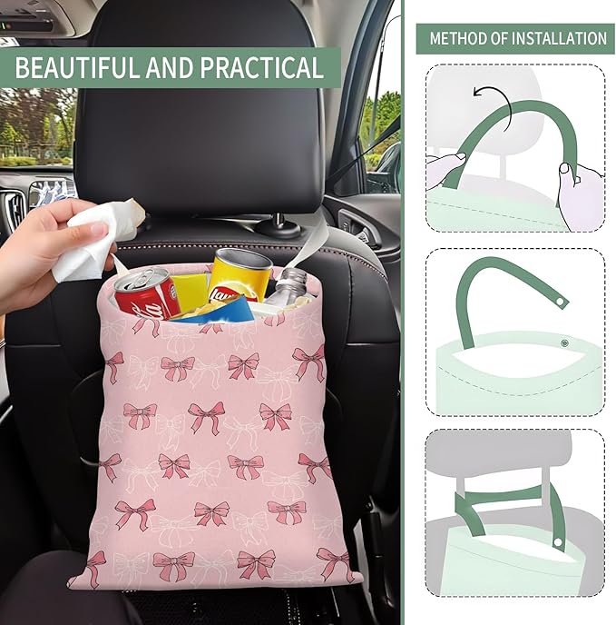 Cute Car Trash Can, Hanging Canvas Car Back Seat Organizer and Storage Bag, Funny Car Trash Bag for Travelling, Outdoor Cute Pink White Bow