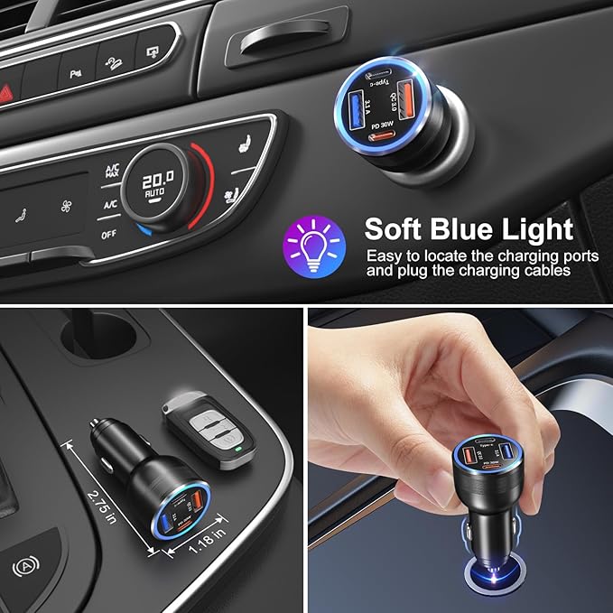3 Pack 65W Multi Port 12V USB C & USB A Car Charger Adapter with 5 Pack Coiled USB Type C Coiled Cable Compatible for iPhone, Galaxy, Google and Other Android Devices