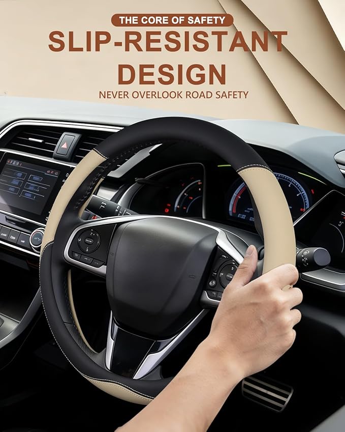 Leather Steering Wheel Cover for Honda Civic, 14.5-15 Inch Breathable Car Steering Wheel Protector, Premium Automotive Interior Accessories Compatible with Honda All Model (Beige)