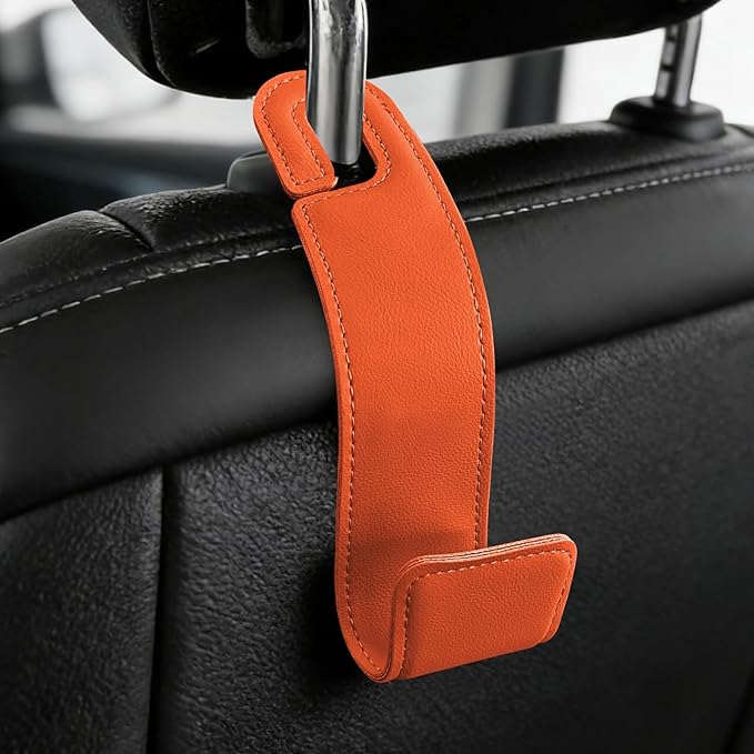 1PCS Purse Holder for Car, Purse Hook for Car, Leather Headrest Hooks for Automotive Back Seat, Auto Accessories Back Seat Organizer Hook for Grocery Bag Handbag Coat (Orange, 1PCS)