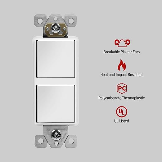 ENERLITES Double Paddle Rocker Decorator Switch, Gloss Finish, Clamp-Type Wiring, Copper Wires Only, Single Pole, Residential/Commercial Grade, 15A 120-277VAC, 62834-W-5PCS, White, 5 Pack