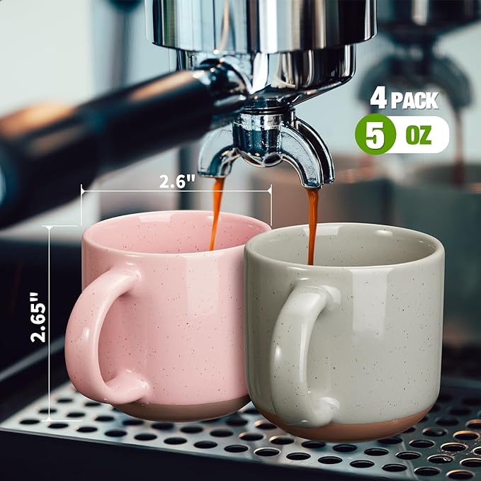 Ceramic Mini Espresso Cups Set of 6, 5 oz Espresso Mugs with Handle, Porcelain Coffee Mugs Demitasse Cups, White Espresso Cups, Microwave Dishwasher Safe Suit for Espresso Machine