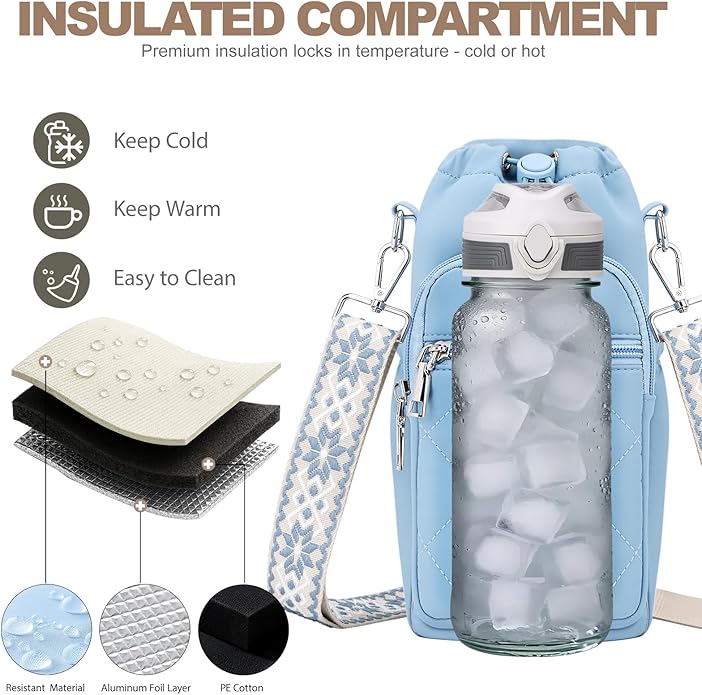 Water Bottle Carrier Bag with Strap, Water Bottle Purse with Phone Pocket 40oz for Walking Hiking