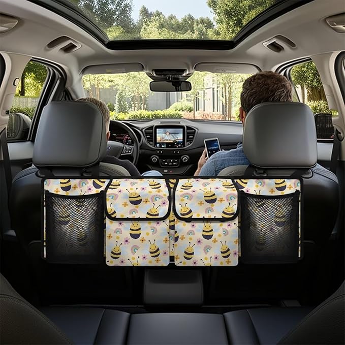 Car Trunk Organizer and Storage, Cartoon Bees Large Capacity Backseat Hanging Storage with 4 Storage Bag Car Accessories, Backseat Car Organizer Universal for Cars, Truck, vans