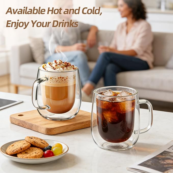 12 OZ Glass Coffee Mug Pack of 2, Double Wall Glass Mug with Handle Insulated Clear Glass Coffee Cup for Espresso, Cappuccino, Latte, Americano, Tea