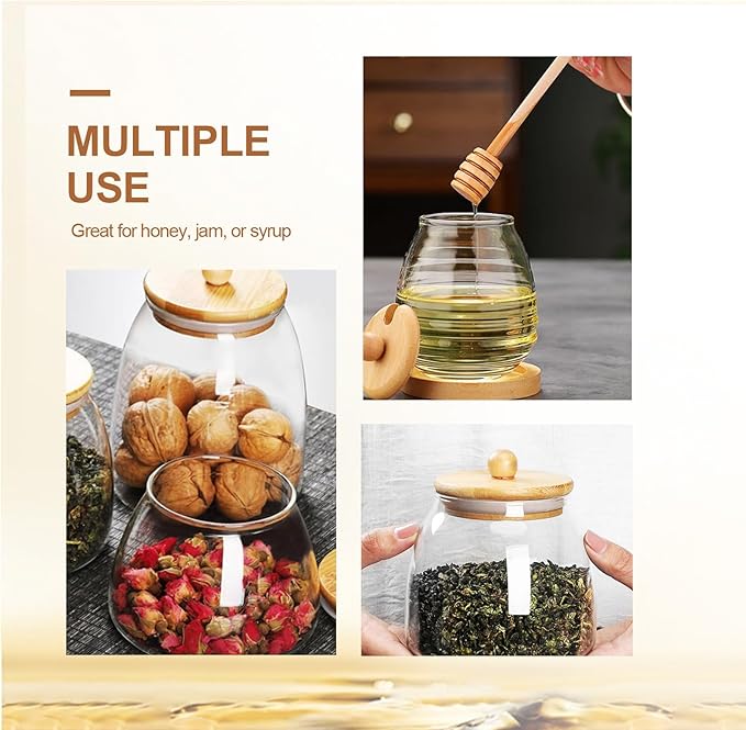 QUUPY 16.7Oz Glass Honey Jar with Dipper and Bamboo Lid Wide Mouth Syrup Containers Dispensers for Coffee Bar Home Kitchen Organization