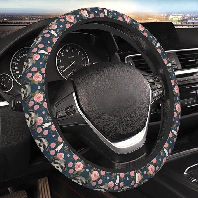 Schnauzer Dog and Vintage Florals Universal Fit Steering Wheel Cover for Car, Truck, and SUV, Durable Steering Wheel Protection