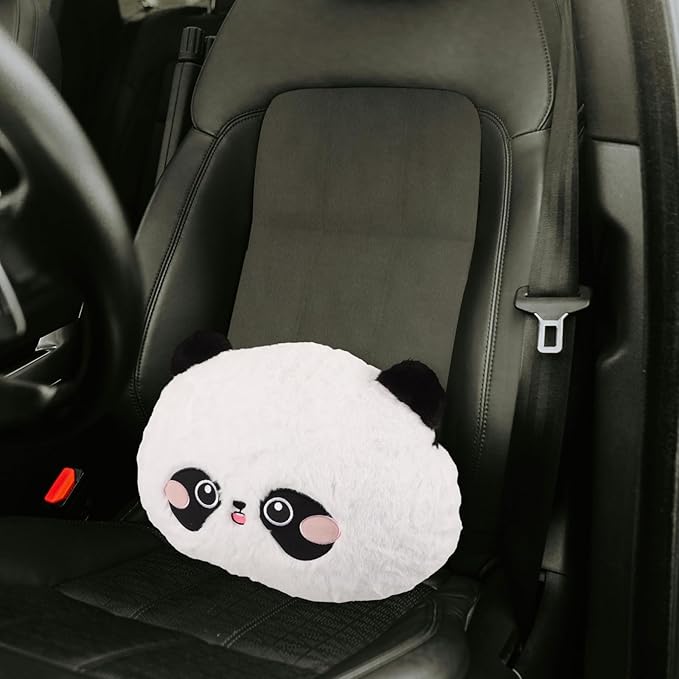 Mikinona Cartoon Panda Lumbar Support Pillow for Car Seat Cushion, Cute Panda Neck Pillow with Rabbit Hair Embroidery, Soft Round Waist Support for Driving and Office Use
