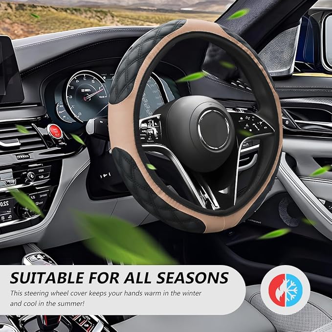 Car Steering Wheel Cover, 15 Inches Leather Steering Wheel Protector with Non-Slip Grip, Universal Wheel Covers Interior Decoration for Sedens Trucks SUVs, Car Accessories (Beige)