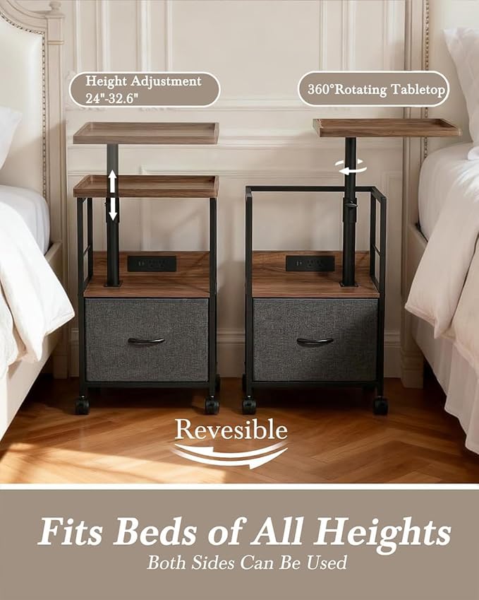 Faesun Swivel Lift Top Nightstand with Charging Station, Rolling Night Stand with Fabric Drawer, Adjustable Bedside Table for Bedroom, Living Room, Walnut Gray, Pro