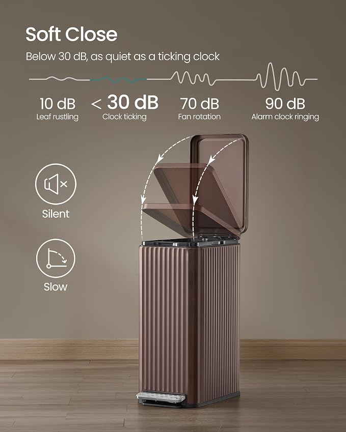 SONGMICS Trash Can, 13 Gallon (50 L) Slim Garbage Can for Kitchen, with Soft-Close Lid, Pedal, Removable Inner Bucket, Stainless Steel, 15 Trash Bags, Space-Saving, Brown ULTB350MZ01