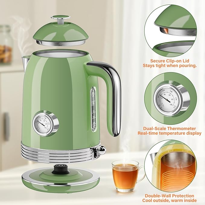 Electric Kettle - 1.7L Hot Tea Water Boiler with Thermometer, 1500W Fast Heating Stainless Steel Pot, Cordless LED Indicator, Auto Shut-Off & Boil Dry Protection, Retro Green