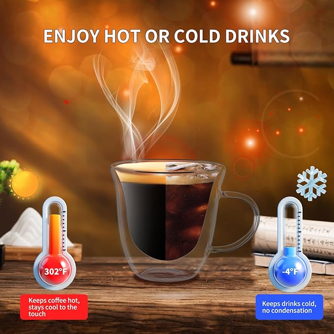 ONEDONE Small Espresso Cups Set of 4 - Double Walled Glass Espresso Shots Cup 2.8 OZ Thermo Insulated Glass Cups with Handle Clear Demitasse Cup for Expresso Machine