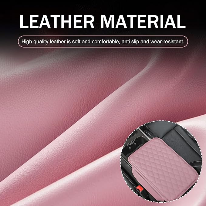 Car Center Console Cover, Leather Armrest Cover Cushion with 2 Storage Bags, Auto Interior Arm Rest Seat Box Pad Accessories, Universal Armrest Organizer for Cars SUVs Truck and More (Pink)