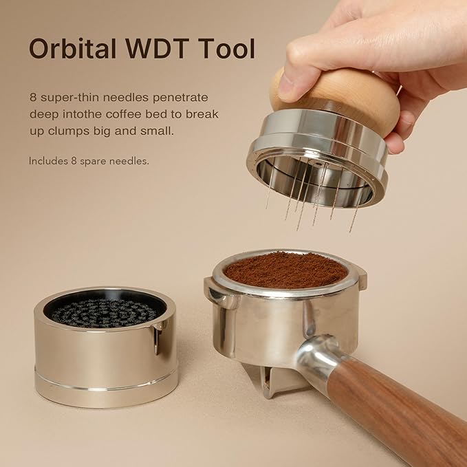 TIMEMORE Espresso Tamper Set 58.4mm with WDT Tool, Self-Leveling Tamper & Gravity Distributor for Professional Coffee Preparation - Wooden Grip