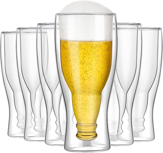 Meanplan 6 Pcs 15.5 oz Double Wall Insulated Beer Glass Clear Pub Mug Birthday Gifts for Him Men Dad Guys Insulated Borosilicate Freezable Upside Down Design Beer Glasses Cup for Drinking Lovers Bar