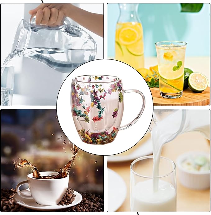 Camyu Artistic Glass Espresso Cup, 350ml Double Wall Insulated Glass Coffee Mugs, Anti-Scald Thick Expresso Coffee Cups With Dried Flowers For Hot Beverages