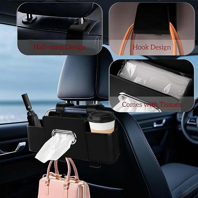 3-in-1 Car Backseat Organizer for SUV & Sedan - Multi-Functional Storage with Cup Holder, Tissue Box & Trash Bag | Includes 1 Pack of 100 Tissues | Holds Phone, Snacks, Drinks (Black)