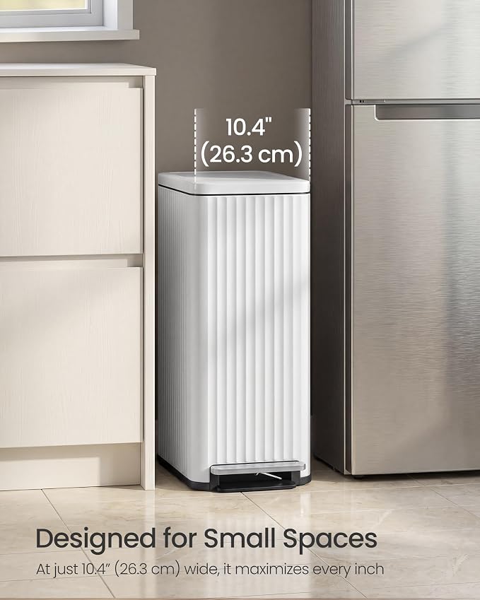 SONGMICS Trash Can, 13 Gallon (50 L) Slim Garbage Can for Kitchen, with Soft-Close Lid, Pedal, Removable Inner Bucket, Stainless Steel, 15 Trash Bags, Space-Saving, Cloud White ULTB350WZ01