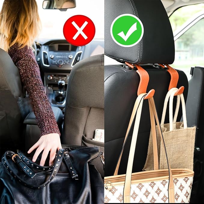 Car Seat Headrest Hook, 4 Pack Auto Seat Hanger Storage Organizer for Purse Handbag Coats Grocery Bags, Car Interior Accessories, Universal Vehicle Backseat Plastic Hanging Hook (Orange)