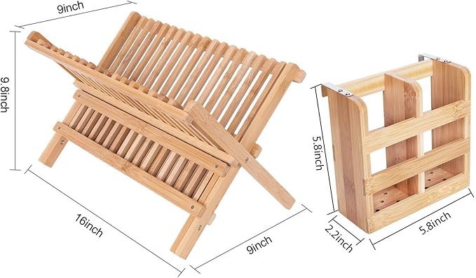 Lawei Bamboo Dish Drying Rack with Utensil Holder - Collapsible Dish Drainer Foldable Dish Rack Bamboo Plate Rack for Plates, Cups, Mugs, Utensil, Flatwares
