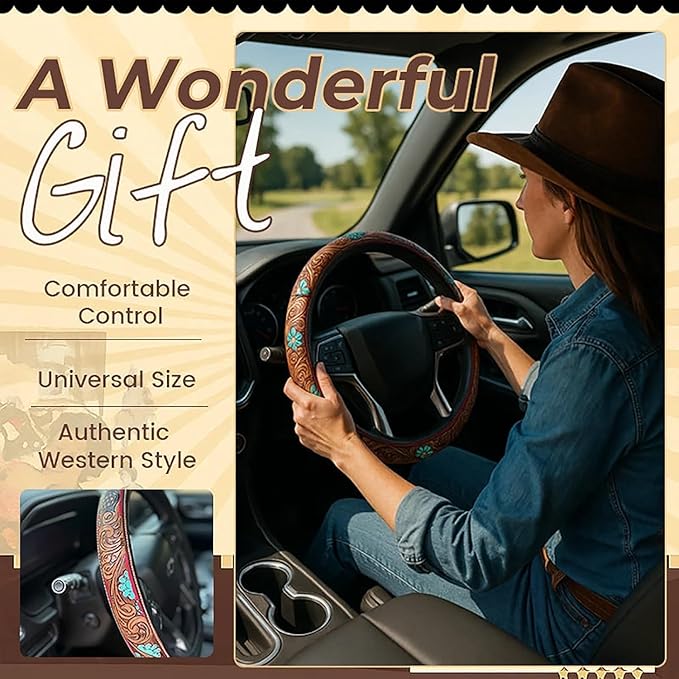 Western Steering Wheel Cover, Color Printed Embossed Hand-Painted Leather Western car Parts, for Women Man, Anti-Slip Design Easy to Install, for Trucks SUVs Cars (Style 5)