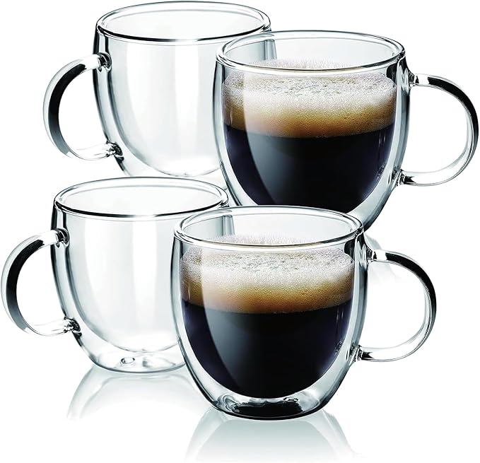 Espresso Cups Set Of 2, Double Walled Glass Coffee Mugs with Handle,Insulated Layer Coffee Cups,Clear Borosilicate Glass Mugs,Perfect for Cappuccino,Tea,Latte,Espresso (5oz-4Pack)