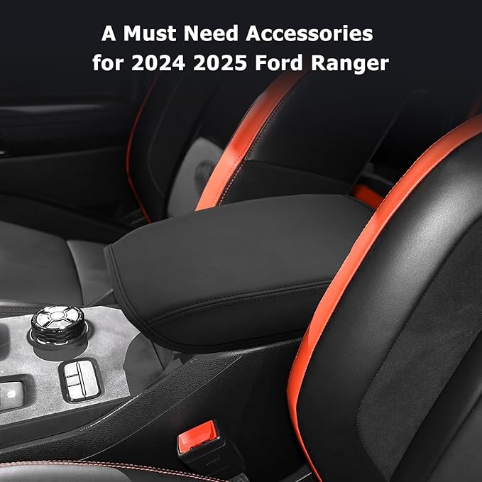 Ranger Center Console Cover Compatible with 2024 2025 Ford Ranger Accessories 2025 Ranger Armrest Cover Center Console Pad Ranger XL/XLT/Lariat/Raptor Armrest Console Cover Soft Leather,Thin Black
